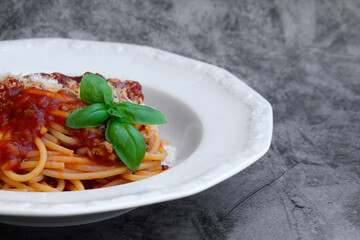 plate with a portion of delicious italian spaghetti with sauce bolognese with fresh basil leaves and grated parmesan cheese on the cement background, front view, flatlay, macro photo, copy space