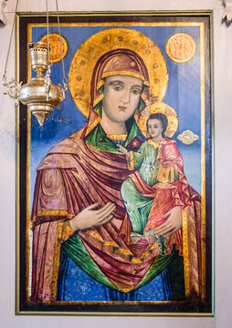 Serbia, Vlasotince, August 2020 Virgin Mary with baby Jesus fresco