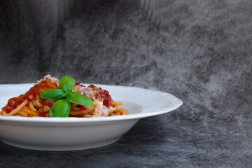 plate with a portion of delicious italian spaghetti with sauce bolognese with fresh basil leaves and grated parmesan cheese on the cement background, front view, flatlay, macro photo, copy space