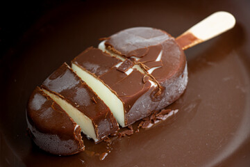 chocolate ice cream in chocolate glaze. select focus. 