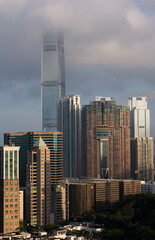 hong kong skyline with sunset