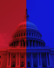 De koepel van het Amerikaanse Capitool in Washington DC met half Republikeins rood en half Democratisch blauw