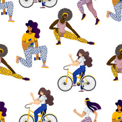 Girls do fitness simple pattern. Gymnastic exercises with dumbbells, cycling, exercises with body weight on a white background.