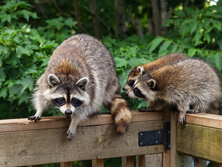 Mother raccoon with two babies crawling along a rustic wooden railing in early evening looking for food on the deck below. © Anne