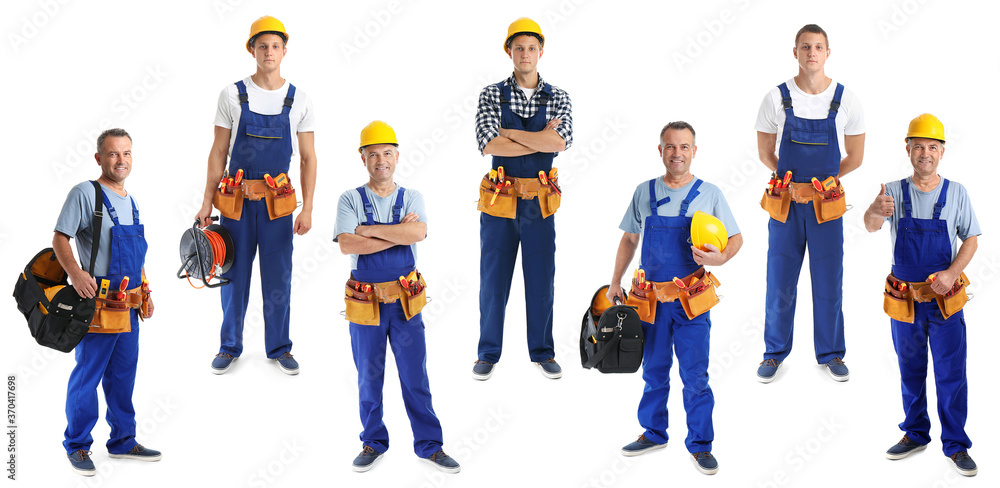 Sticker Collage with photos of electricians on white background, banner design