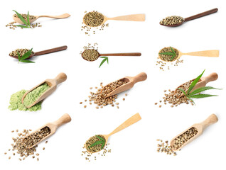Collage with hemp seeds on white background