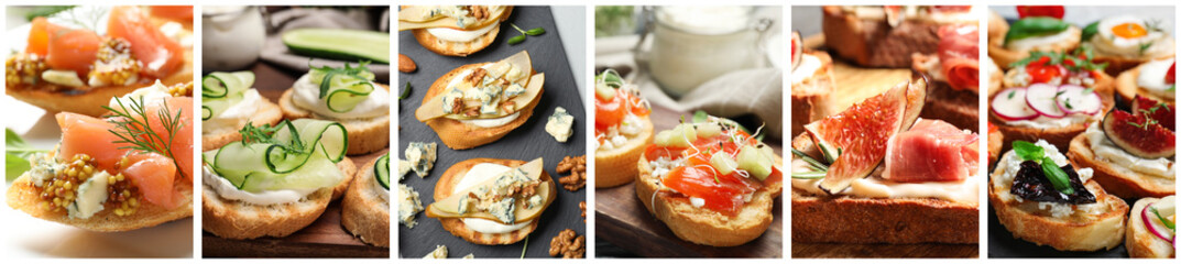 Collage of different tasty bruschettas. Banner design