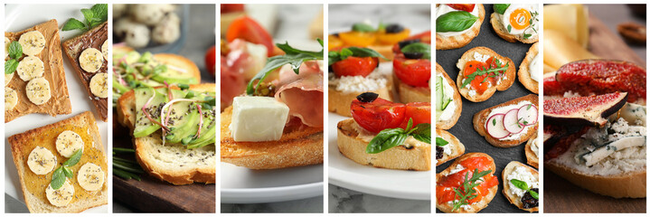 Collage of different tasty bruschettas. Banner design