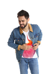 Man suffering from stomach pain on white background