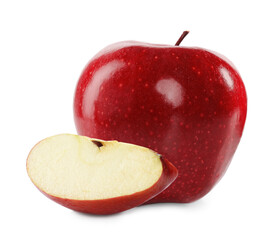 Cut and whole red apples on white background