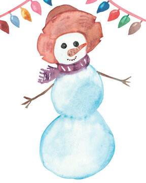 Watercolor hand painted nature winter season illustration with light blue snowman with orange hat and red scarf with multicolor garland decoration on the white background for card