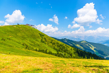 Schmittenhohe - mountain above Lake Zell with beautiful panoramic view. Summer time Alpine hiking. Austria