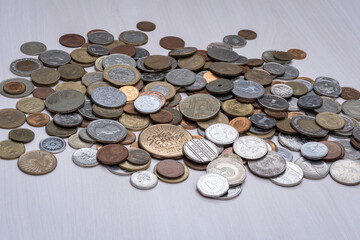 collection of coins from all around the World, symbols of many different countries