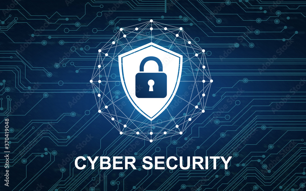 Poster cyber security concept. shield with padlock illustration and text against circuit board pattern