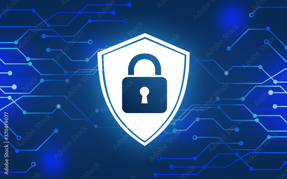 Aufkleber shield with padlock illustration as symbol of cyber security and circuit board pattern on blue backg