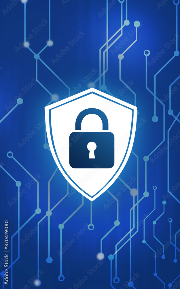 Aufkleber shield with padlock illustration as symbol of cyber security and circuit board pattern on blue backg