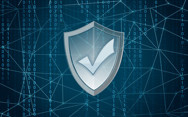Cyber security concept. Shield with check mark illustration against binary code on blue background
