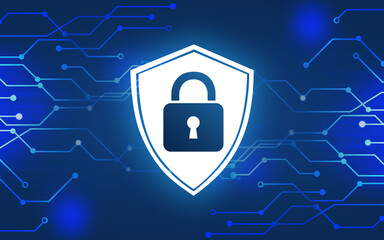 Shield with padlock illustration as symbol of cyber security and circuit board pattern on blue...