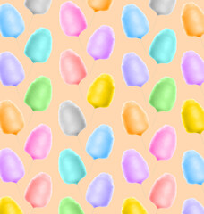 Collage with cotton candy on pale light orange background, pattern design