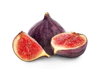 Cut and whole fresh figs on white background