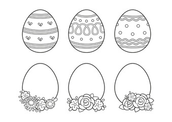 Happy easter eggs set coloring page. Black and white cartoon illustration