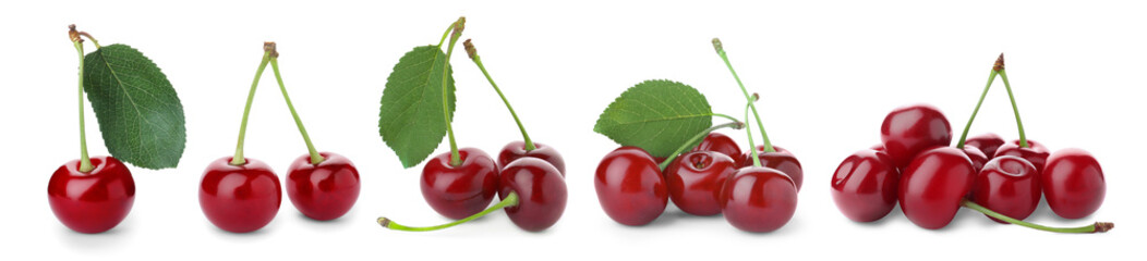Set of ripe cherries on white background. Banner design