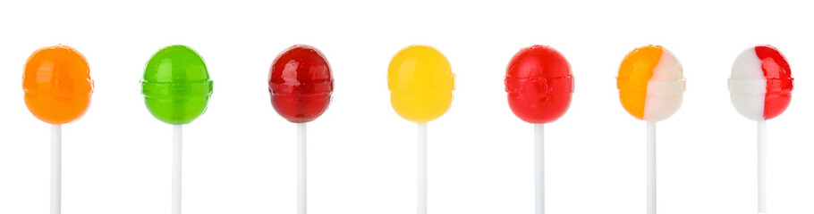 Set of delicious candies on white background. Banner design