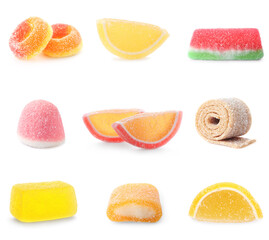 Set of delicious candies on white background