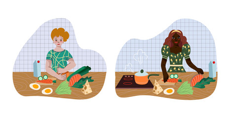 Young people prepare food in the kitchen from healthy products. Vector cartoon flat illustration.