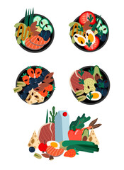 Set of poke bowls. Healthy food from natural products. Vector cartoon flat illustration.