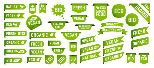 Set of Vegan, Eco, Bio, Organic, Fresh, Healthy, 100 percent, natural food. Natural product. Collection of 60 emblem, cafe, badges, tags, packaging. Vector illustration.