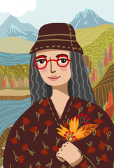 Gioconda in a modern graphic style, wearing red glasses. In her hands are autumn leaves and a brush of rowan berries. Behind it is a mountain landscape as in picturesque paintings. Mona Lisa resting.