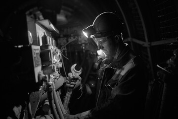 Silhouette of a working miner in a mine