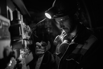 Silhouette of a working miner in a mine