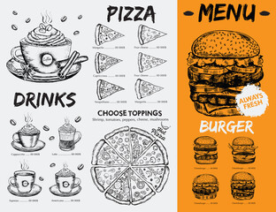 Restaurant brochure, menu, template design. Food flyer.