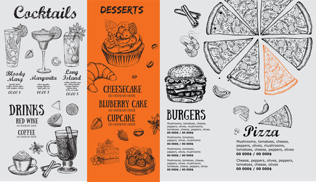 Restaurant brochure, menu, template design. Food flyer.