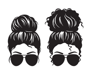 Vector illustration of straight and curly hair woman with messy buns and sunglasses silhouette.