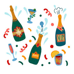 Bottles of champagne and glasses isolated. Vector