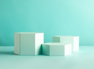 Composition of different geometric objects on pastel mint backdrop. Abstract background with...