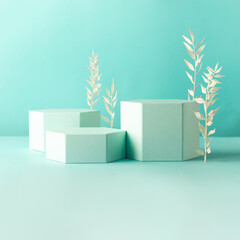 Composition of different geometric objects on pastel mint backdrop. Abstract background with...