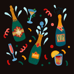 Bottles of champagne and glasses isolated. Vector