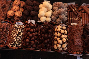 Luxurious chocolate pralines at a market