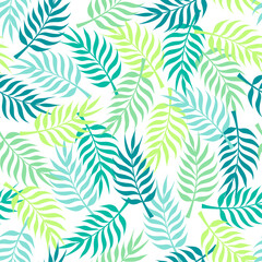 Tropical pattern with green palm tree leaves on white background. Great for wallpaper, backgrounds, invitations, packaging, design projects, textile scrapbooking