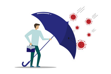 COVID-19 Coronavirus outbreak financial crisis help policy, company and business to survive concept, businessman leader stand safe by cover himself with big umbrella from COVID-19 concept. EPS 10