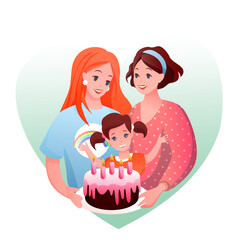 Obraz na płótnie Canvas Lesbian family celebration vector illustration. Cartoon flat happy parents with girl child celebrating kids birthday, woman loving couple holding gift cake. LGBT love and parenting isolated on white