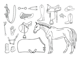 Fototapeta na wymiar Vector set bundle of hand drawn doodle sketch horse riding equestrian equipment isolated on white background