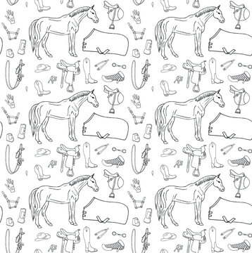 Vector seamless pattern of hand drawn doodle sketch horse riding equestrian equipment isolated on white background