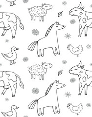 Vector seamless pattern of hand drawn doodle sketch farm domestic animals isolated on white background