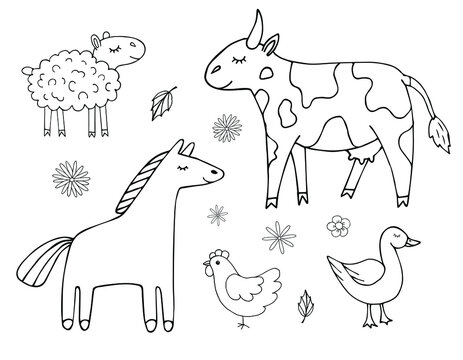 Vector set bundle of hand drawn doodle sketch farm domestic animals isolated on white background