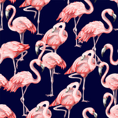 Seamless pattern with pink flamingo. Vector.